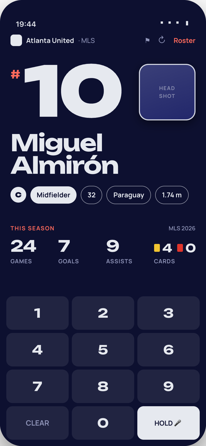 Lookup screen showing number 10 and the player's name
