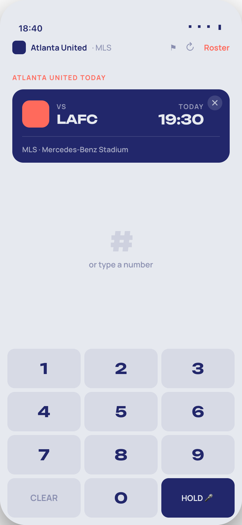 Idle screen on match day with today's fixture