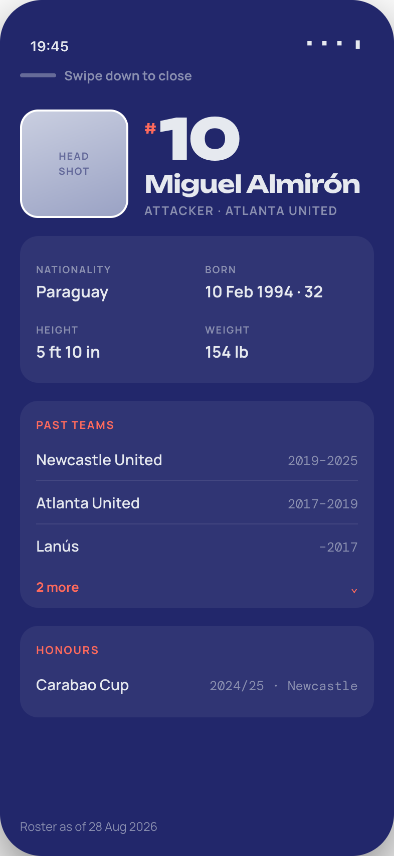 Player profile with facts, past teams and honours